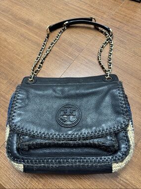 Tory Burch Black Leather Chain-Handle Shoulder Bag with Woven Trim Accents
